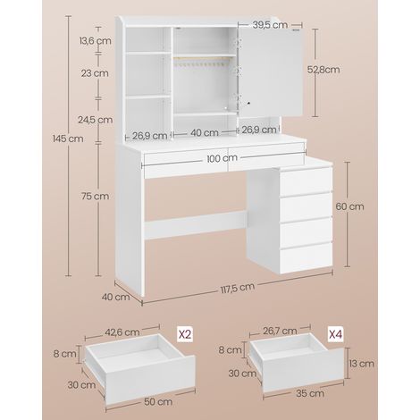 Vasagle – Coiffeuse enfant avec grand miroir LED – 7 compartiments ouverts, 6 tiroirs, étagères réglables – Dimensions 40 x 117,5 x 145 cm – Blanc nuage — photo 4