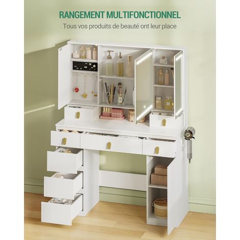 Coiffeuse enfant avec grand miroir HD 105x51,5 cm – Éclairage LED tricolore réglable – 8 tiroirs de rangement – Support pour sèche-cheveux — photo 2