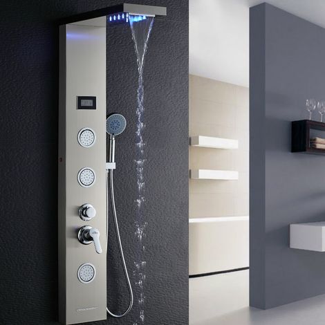 Auralum Panneau Colonne Douche Hydromassante Carrée Acier Inox avec Écran LCD et Lumières LED Multifonction à 3 Jets de Massage — photo 1