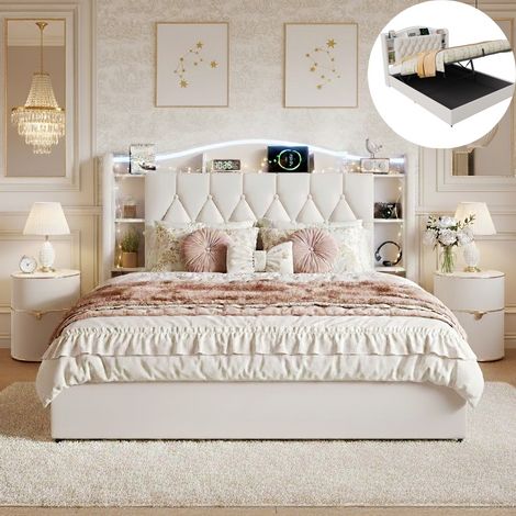 Lit Coffre 160x200 cm, Lit Double 160x200 cm en Velours, avec Sommier à Lattes, Tête de Lit LED Lumineuse, Rangement Ouvert, Ports USB et Type-C - Beige — photo 1