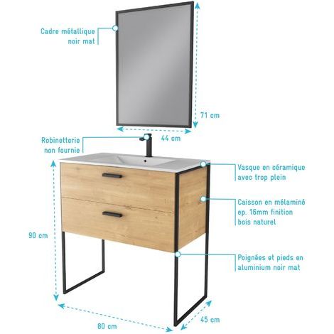 Aurlane – Ensemble meuble de salle de bain 90x45cm – Caisson MDF chêne naturel – Vasque céramique blanche avec trop plein – Miroir cadre noir mat — photo 4