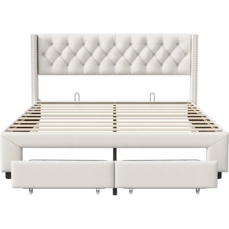 Tanant – Lit avec tiroirs 140x190cm – Tête de lit LED avec ports USB – 2 tiroirs – Sommier à lattes en bois – Velours beige — photo 3