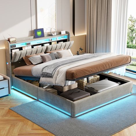 Sunfecili – Lit coffre 140x200 cm en velours gris – Tête de lit avec rangement – Bandes lumineuses LED – Capacité 300 kg – Montage en 45 min — photo 1