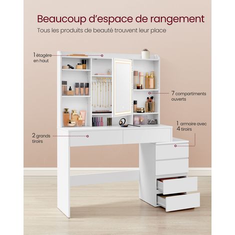 Vasagle – Coiffeuse enfant avec grand miroir LED – 7 compartiments ouverts, 6 tiroirs, étagères réglables – Dimensions 40 x 117,5 x 145 cm – Blanc nuage — photo 3