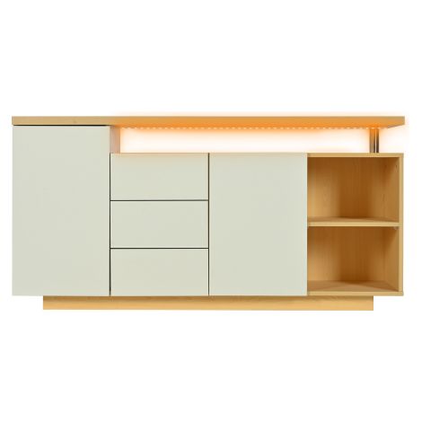 Aparador de 140 cm con iluminación LED, 2 puertas, 3 cajones y 2 compartimentos abiertos para salón y comedor, blanco y color madera — photo 4