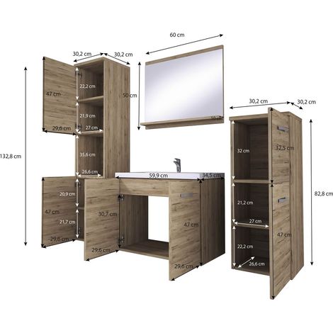Bratex – Ensemble de meubles de salle de bain avec lavabo – Dimensions meuble vasque 47,5 x 60 x 30 cm – Armoire haute 131,5 x 30 x 30 cm – Couleur lefkas — photo 2