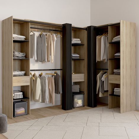 Idmarket – Dressing extensible d'angle 230 x 140 x 180 cm – Bois hêtre et noir – 4 penderies, 12 étagères, 3 tiroirs – Rideaux noirs inclus — photo 2