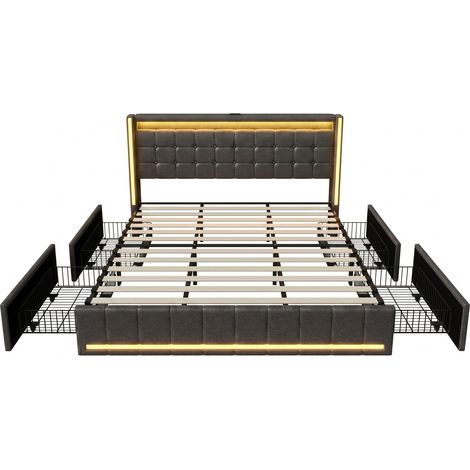 Lit 140x190 cm avec sommier, lit double capitonné, 4 tiroirs,  éclairage LED réglable, deux ports USB/C, style scandinave, Lin - Gris Foncé — photo 4