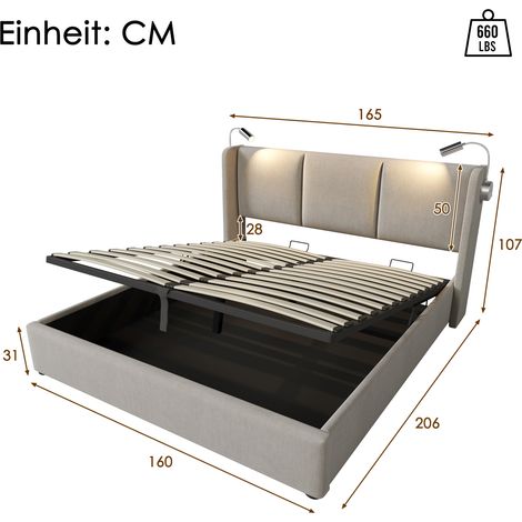 Sunfecili – Lit coffre 160x200 avec sommier – Liseuse intégrée – Chargement USB – Espace de rangement hydraulique – Lin beige – Dimensions 206x165x107 cm — photo 2