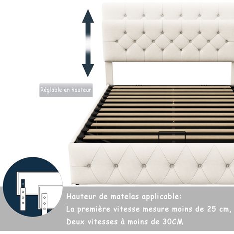 Dans Les Nuages – Lit coffre 160x200 cm – Rangement pratique avec mécanisme à vérin à gaz – Cadre en métal et sommier à lattes en bois – Velours beige capitonné — photo 4