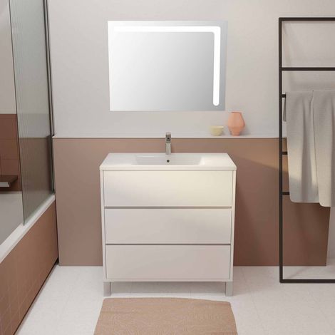 ensemble meuble de salle de bain blanc 80 cm sur pied 3 tiroirs + vasque ceramique blanche + miroir — photo 1