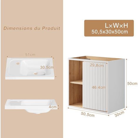 UEV – Meuble lave-mains mural 51 x 30,5 x 54 cm – Lavabo en résine anti-taches – Rangement caché et ouvert – Design moderne blanc — photo 5