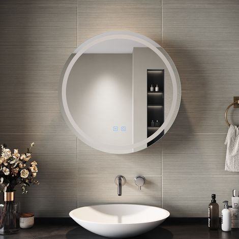 SIRHONA Armoire de toilette ronde à LED avec prise rasoir désembuage 3 modes d'éclairage 600x600mm Miroir lumineux de salle de bain — photo 3