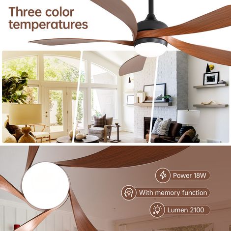 Ventilateur de plafond moderne Sofucor 132 cm, intérieur/extérieur, avec éclairage et télécommande, marron — photo 3