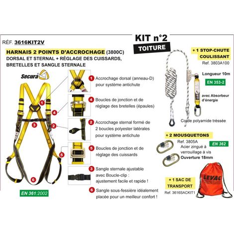 Levac – Kit harnais antichute toiture – 2 points d'accrochage – Corde 15m – Système mains libres – Normes EN 361 et EN 362 — photo 3