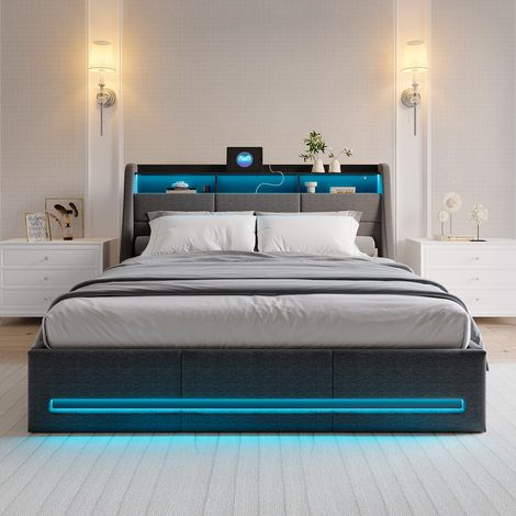 Sureh – Lit coffre 140 x 190 cm – Rangement hydraulique – Tête de lit avec étagères – Ports USB intégrés – Lin gris — photo 3