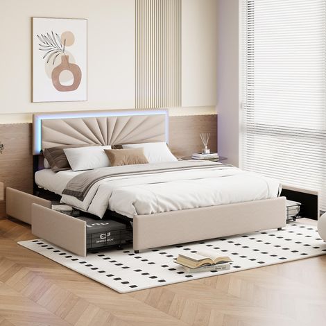 Dans Les Nuages – Lit double capitonné 160x200 cm – Tissu lin beige – Éclairage LED télécommandé – 4 tiroirs de rangement – Style scandinave moderne — photo 3