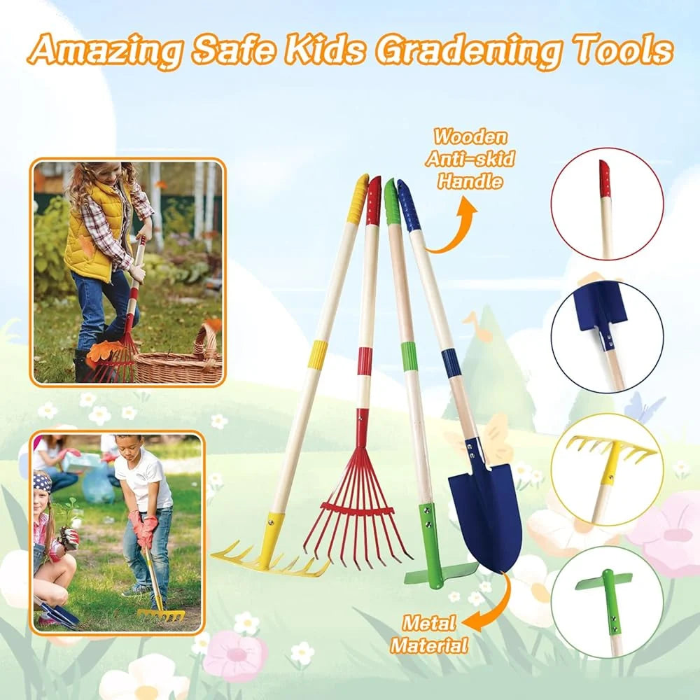 2026 Mostop Kit d'outils de jardinage pour enfants - Jouet avec brouette, pelle en métal, râteau, râteau, chariot de jardin e