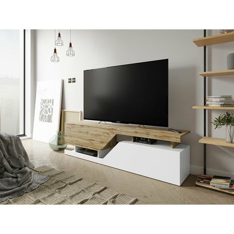 Mobilier1 – Meuble TV blanc et chêne wotan 160x47x35cm – 2 portes – Panneau stratifié 16mm – Système 'Push to Open' pour accès facile — photo 2