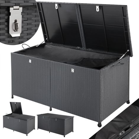 Coffre de rangement en polyrotin 625 litres XXL sur roulettes Coffre de jardin Coffre de coussin Banc noir Vérins à gaz