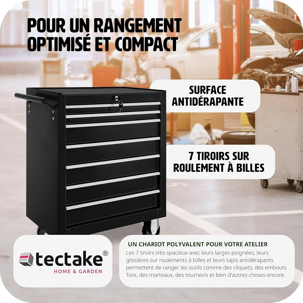 2026 TecTake® Chariot d'atelier Metallique Servante d'atelier Vide Trolley Professionnel 7 Tiroirs spacieux Verrouillabl
