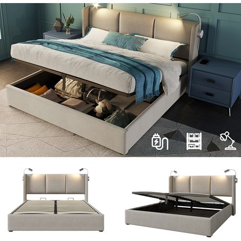 Sunfecili – Lit coffre 160x200 avec sommier – Liseuse intégrée – Chargement USB – Espace de rangement hydraulique – Lin beige – Dimensions 206x165x107 cm — photo 4