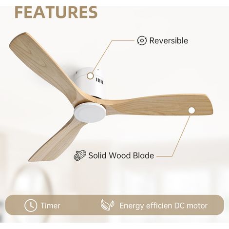 Ventilateur de plafond Sofucor CC - 3 pales en bois - Moteur réversible silencieux - Télécommande - Sans lumière - 132 cm - Blanc-jaune — photo 3