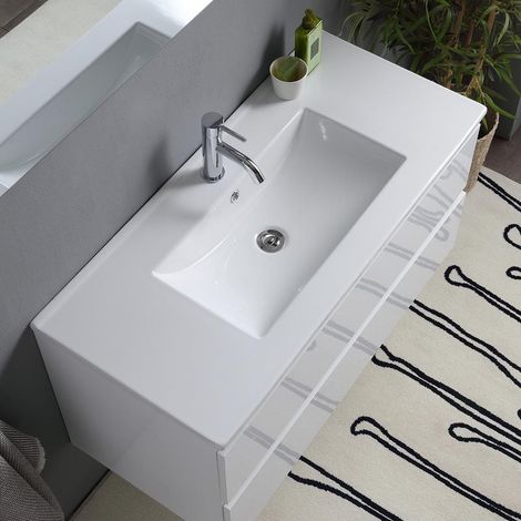 Kiamami Valentina – Meuble de salle de bain suspendu 100cm – Double tiroir blanc brillant – Lavabo en céramique intégré – Miroir avec lampe 100x60 — photo 3