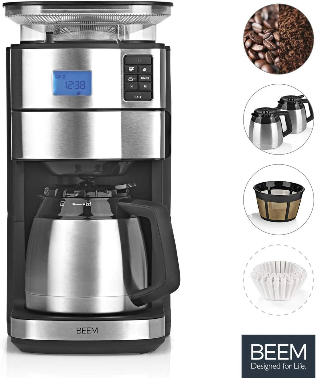 2026 BEEM FRESH-AROMA-PERFECT II Filterkaffeemaschine mit Mahlwerk - Thermo | Edelstahl | Thermokanne | 24h-Timer | 1000 W |