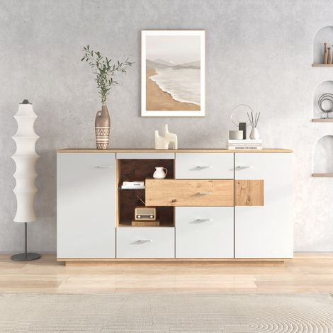 Okwish – Buffet blanc 4 portes 3 tiroirs – Éclairage LED 15 couleurs – Dimensions 160x40x77 cm – Panneaux de particules – Style moderne — photo 1
