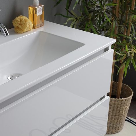 Kiamami Valentina – Meuble de salle de bain suspendu blanc brillant 80cm – 2 tiroirs avec fermeture soft-close – Lavabo en céramique – Miroir 80x60 avec lampe — photo 5
