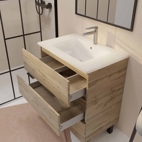 meuble de salle de bains 70 cm timber - décor chêne naturel 3 tiroirs avec vasque blanche — photo 2