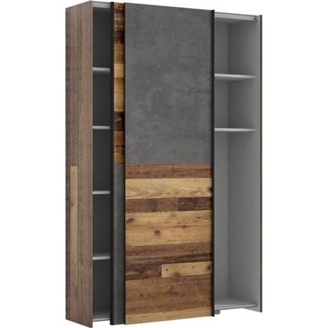 Les Tendances – Armoire coulissante 2 portes 120x42x190,5 cm – Panneaux de particules – Finition vieux bois vintage et béton gris foncé – 6 tablettes — photo 6