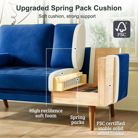Keepbuying – Canapé droit 2 places en velours bleu – Accoudoirs roulés – Dimensions 148 x 78 x 85 cm – Confort moyen – Montage facile en 10 minutes — photo 5