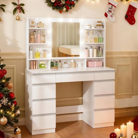 Coiffeuse enfant avec miroir HD et éclairage LED – 10 lumières réglables – 9 tiroirs et 9 étagères ouvertes – Blanc veiné bois — photo 3