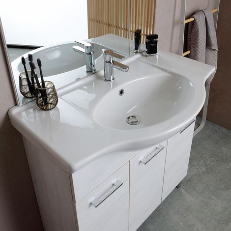 Kiamami Valentina – Meuble de salle de bains au sol 85 cm – Chêne blanc effet bois – 3 portes – Lavabo céramique avec trop-plein – Miroir avec spots LED — photo 3