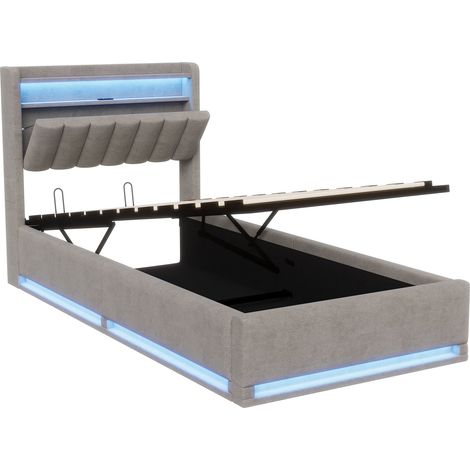 Eifson – Lit coffre 90x200 cm – Éclairage LED orientable – Chargement USB – Tête de lit rabattable avec rangement – Velours – Rangement hydraulique — photo 5