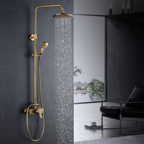 Auralum Ensemble de Douche Bronze Rétro Interrupteur à Poignée Colonne de Douche Mélangeur Système de Douche Finition Bronze avec Barre Réglable — photo 1