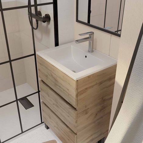 meuble de salle de bains 50 cm timber - décor chêne naturel 3 tiroirs avec vasque blanche — photo 2