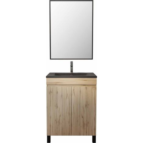 meuble salle de bains 60cm décor chene naturel 2 portes - vasque noire et miroir - timber — photo 3