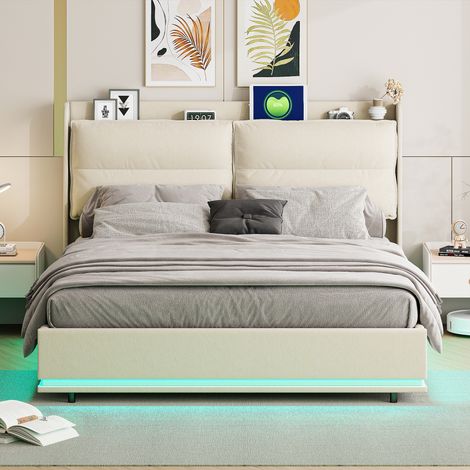 Lit coffre 140x190 cm, 2 places, avec LED, rangement, USB-A/C, sans fil charge, sommier à lattes en bois, cadre en métal, lit capitonné en velours - Beige — photo 3