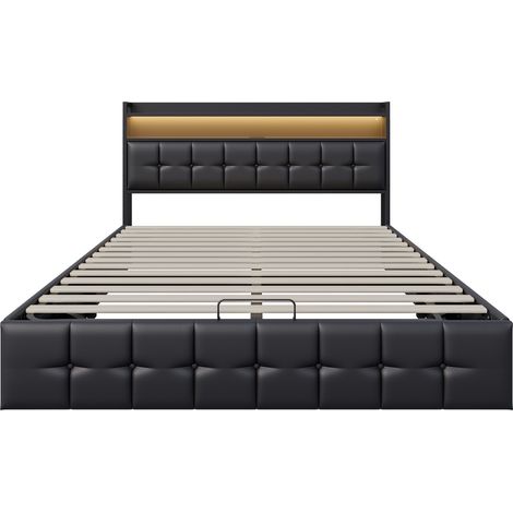 Dans Les Nuages – Lit coffre 160x200 cm avec éclairage LED – Rangement hydraulique – Charge USB-A/C – Sommier à lattes en bois – Similicuir noir — photo 3