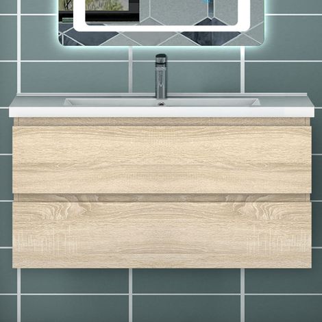 Ocean Sanitaire – Ensemble de meubles de salle de bain chêne avec 2 tiroirs – Dimensions 99x46x52cm – Meuble sous vasque prédécoupé – Vasque à poser — photo 1