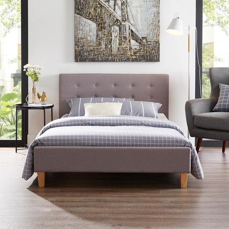 Idimex – Lit simple gris 120x190 cm – Tête de lit capitonnée – Structure en tissu polyester – Pieds en bois chêne – Sommier à lattes inclus — photo 3