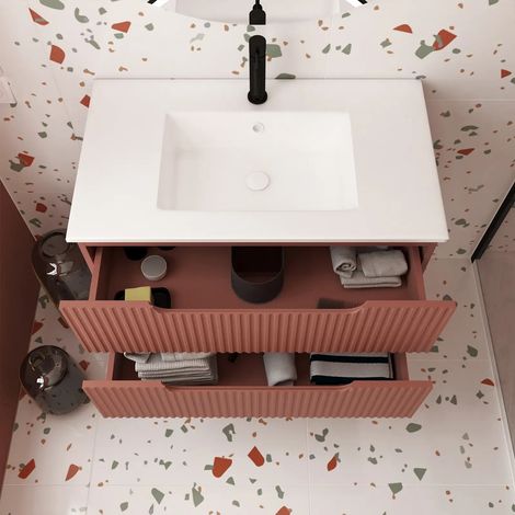 meuble de salle de bains leon 80cm terracotta - 2 tiroirs en mdf ondulés - vasque à encastrer — photo 2