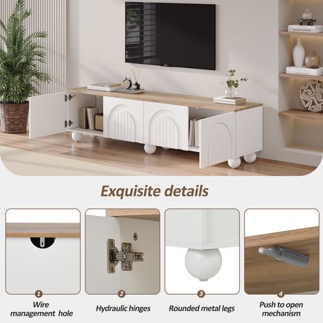 Meuble TV Blanc et bois 180x40x45 cm avec 4 portes cintrées,6 pieds en métal à boule,buffet bas et table TV Moderne — photo 4