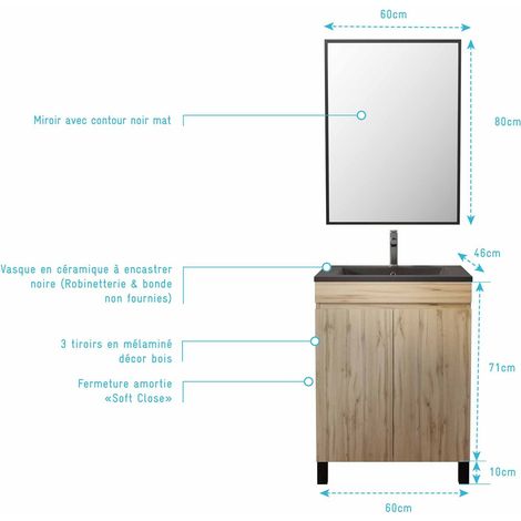 meuble salle de bains 60cm décor chene naturel 2 portes - vasque noire et miroir - timber — photo 4