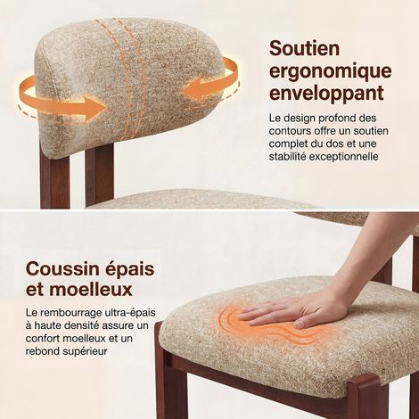 COLAMY Chaise,Lot de 2 chaises de salle à manger en chenille,bois massif marron, assise confortable,style nordique,camel — photo 3