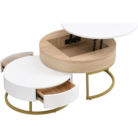 Fortuna Lai – Lot de 2 tables basses gigognes – Grande table avec plateau relevable – Petite table avec 2 tiroirs – MDF blanc – Design moderne — photo 3