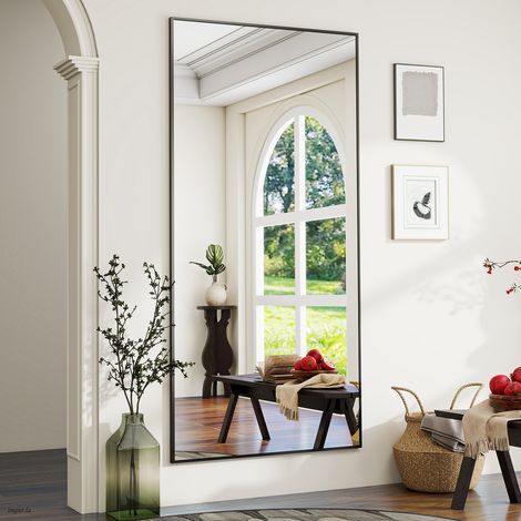 Koonmi Miroir sur pied pleine longueur, 180x76 cm, Corporel Robuste avec Cadre Aluminium, Miroir Mural Moderne à Poser ou Suspendre pour Salon, Chambre à Coucher, Design Minimaliste, Noir — photo 2
